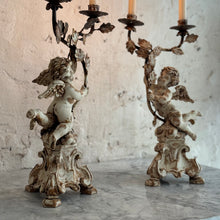 Load image into Gallery viewer, Pair Of Early 19th Century Italian Wooden Putti Candelabra
