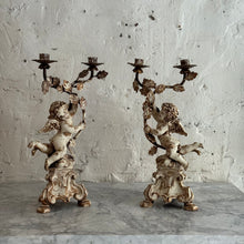 Load image into Gallery viewer, Pair Of Early 19th Century Italian Wooden Putti Candelabra